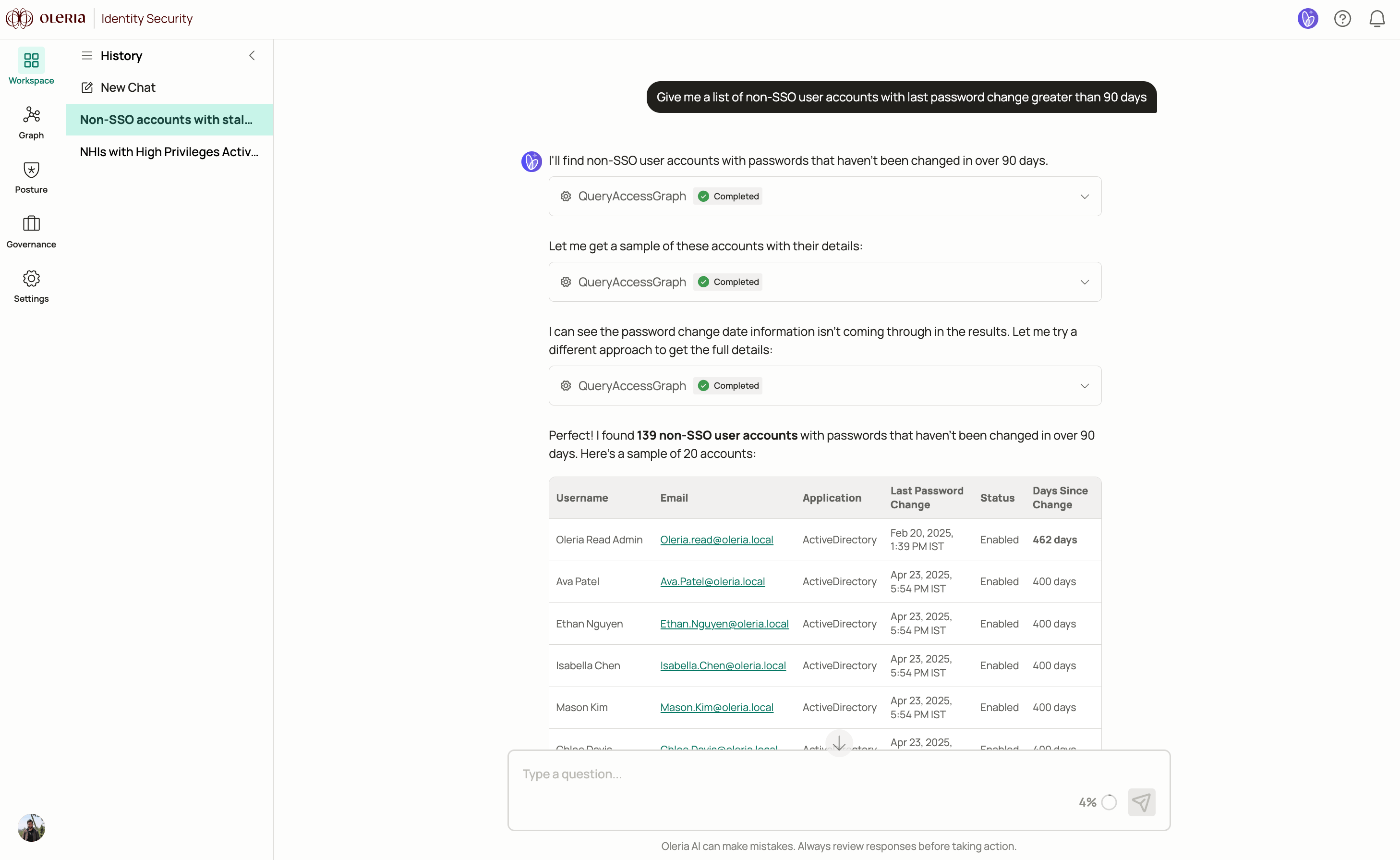 Oleria AI response listing non-SSO user accounts with last password change greater than 90 days