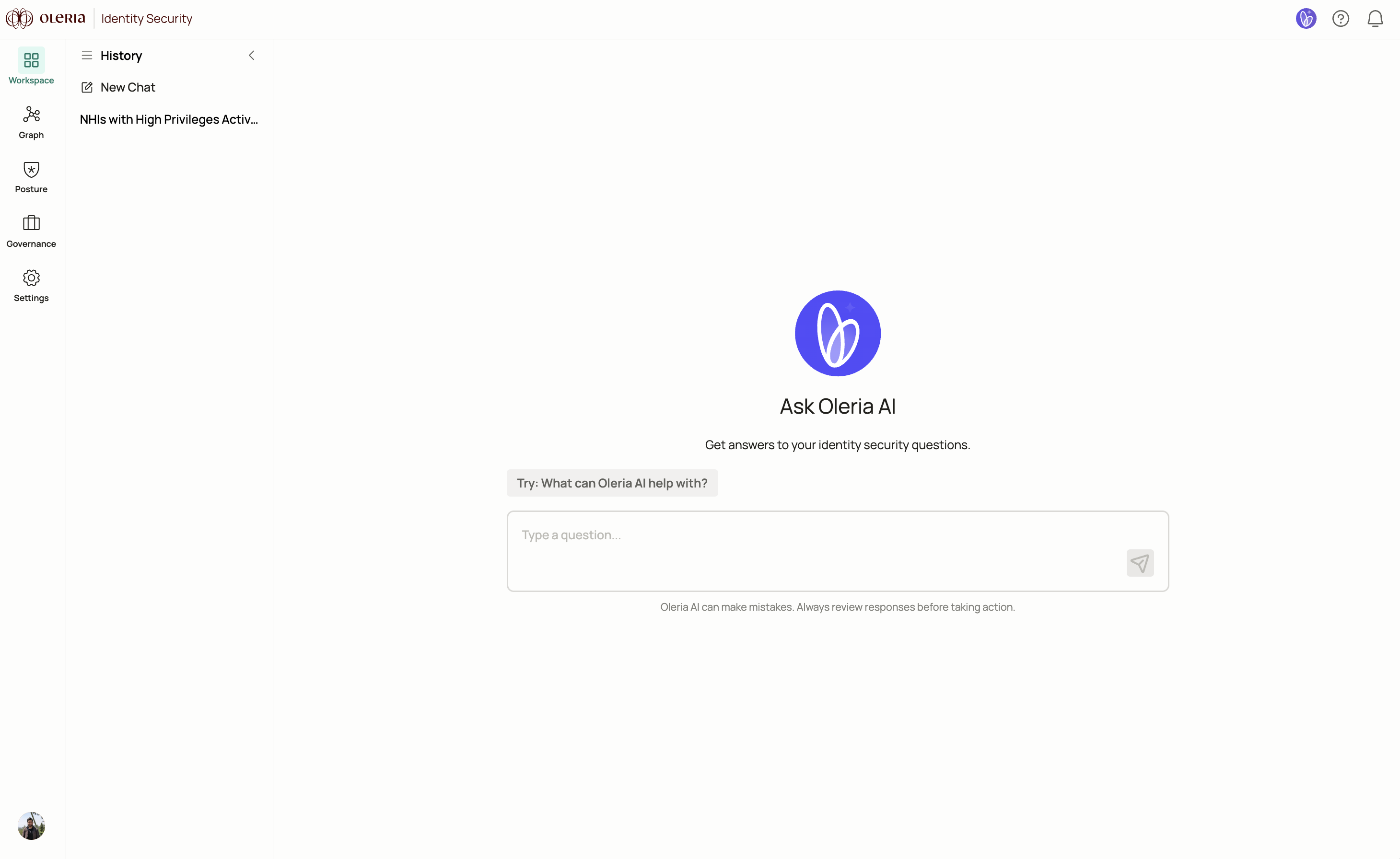 Oleria AI home screen showing the natural language query interface