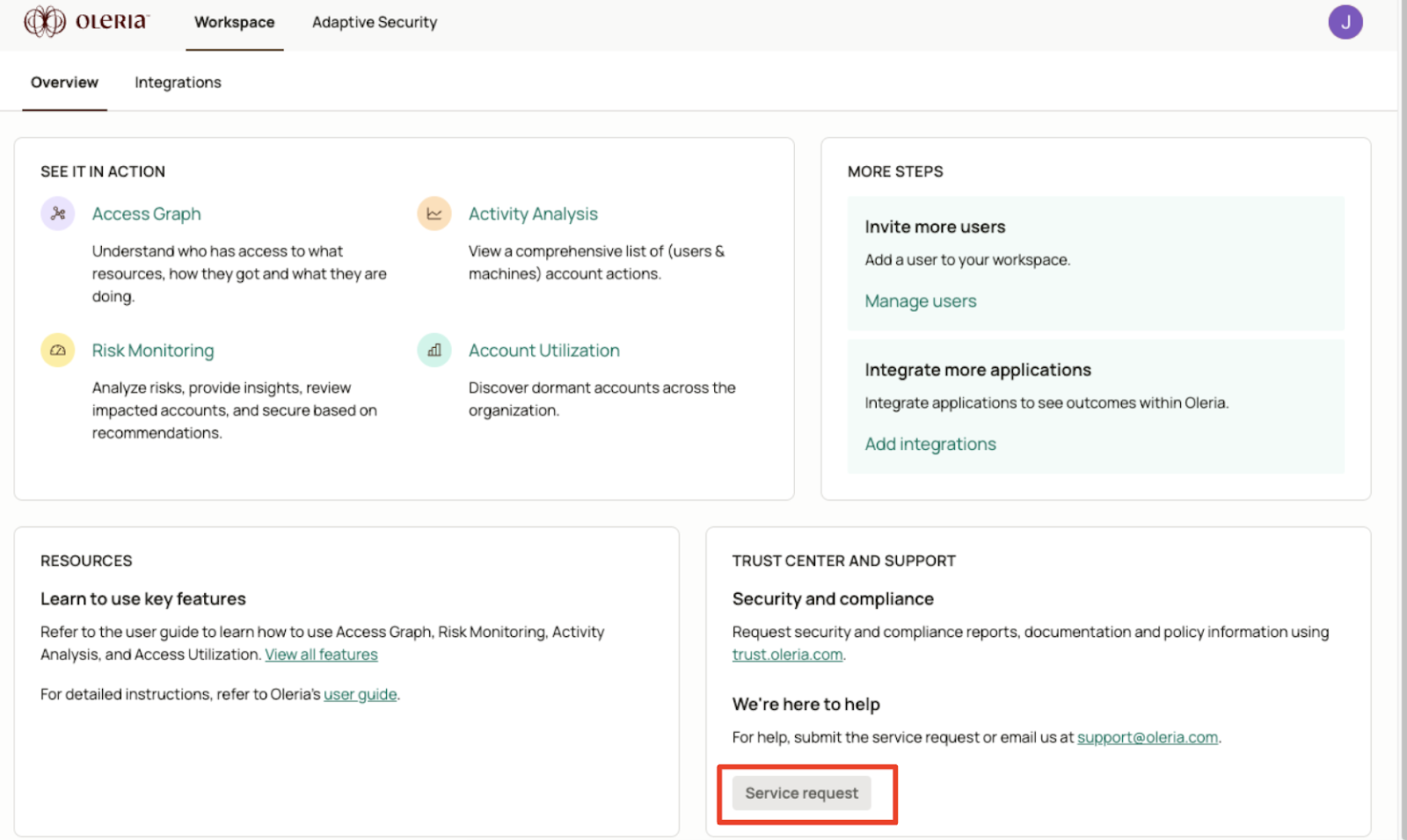 Click the “Service request” button from the Workspace Overview page to get started. This will open a