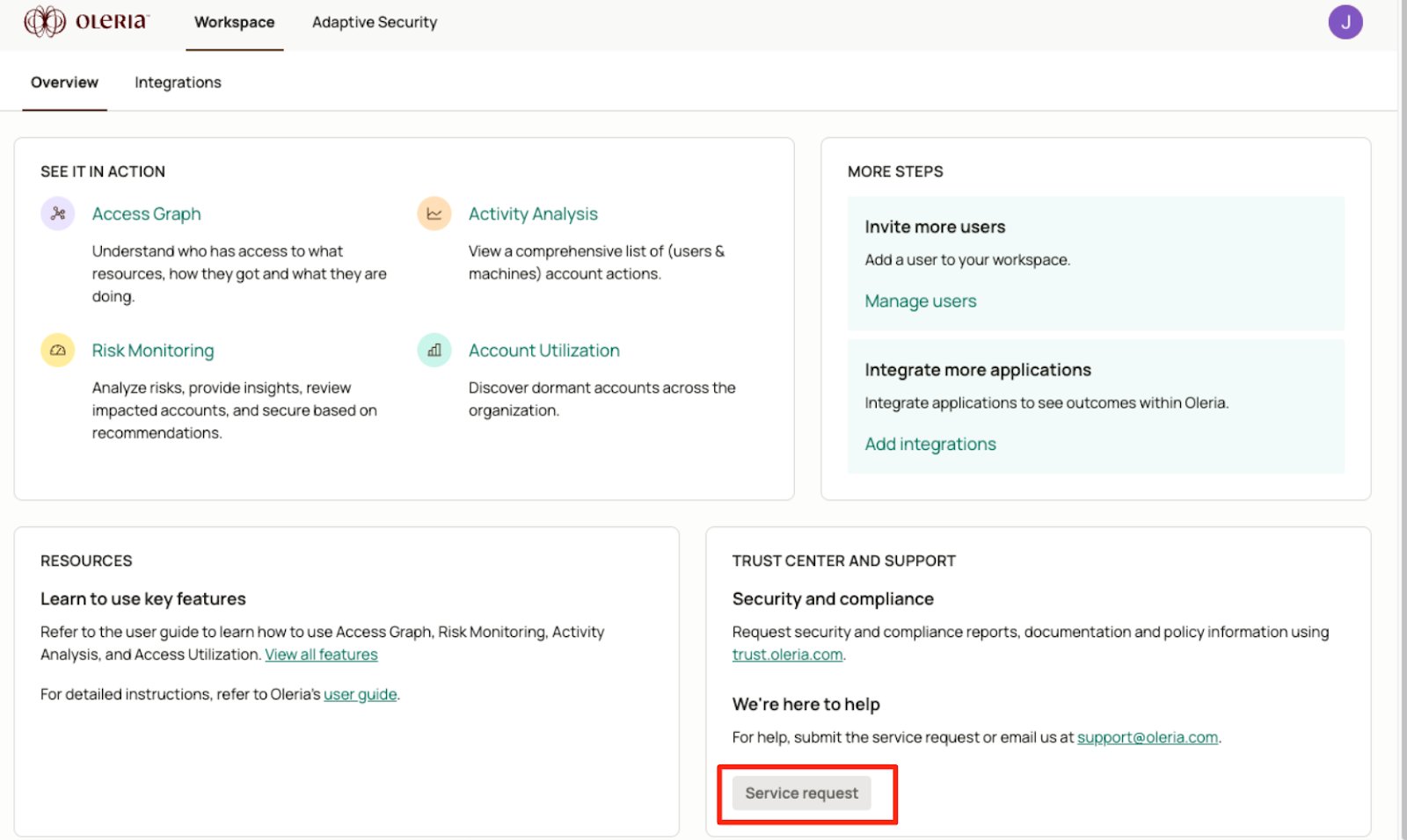 Click the “Service request” button from the Workspace Overview page to get started. This will open a