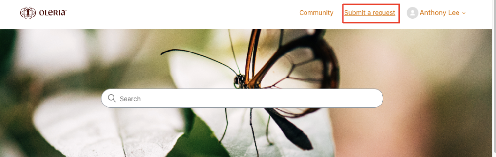 Click the “Submit a request” text from the upper right navigation of the Oleria Help Center.