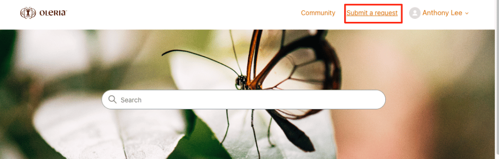 Click the “Submit a request” text from the upper right navigation of the Oleria Help Center.