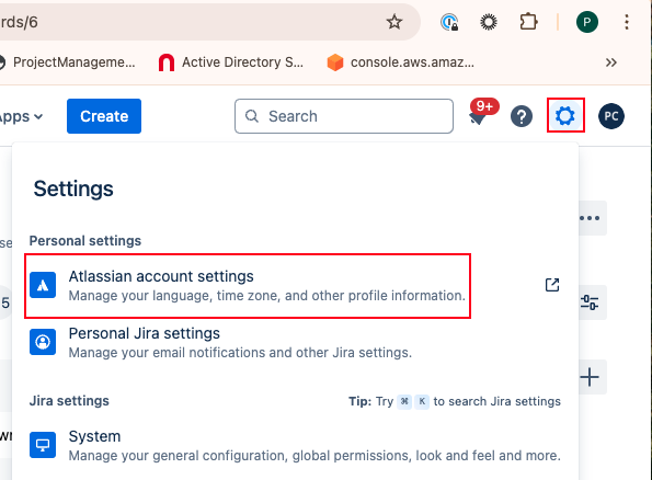 Navigate to your Jira instance, select settings, and select Atlassian account settings