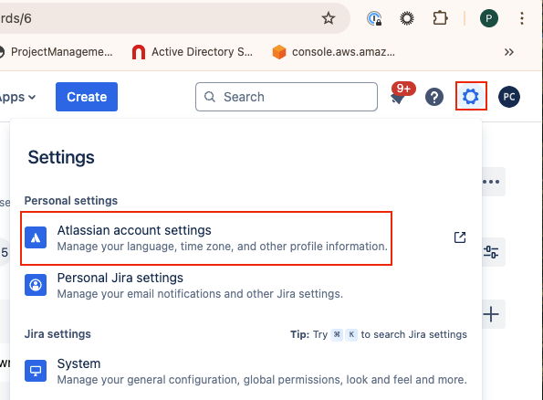 Navigate to your Jira instance, select settings, and select Atlassian account settings