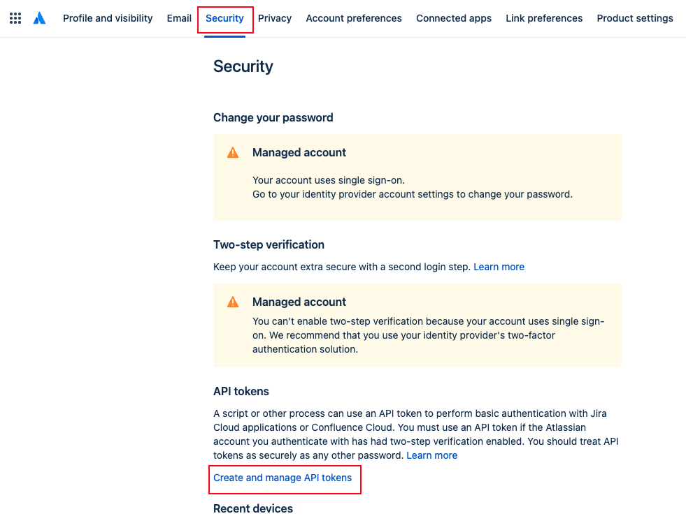 Select Security and select Create and manage API tokens