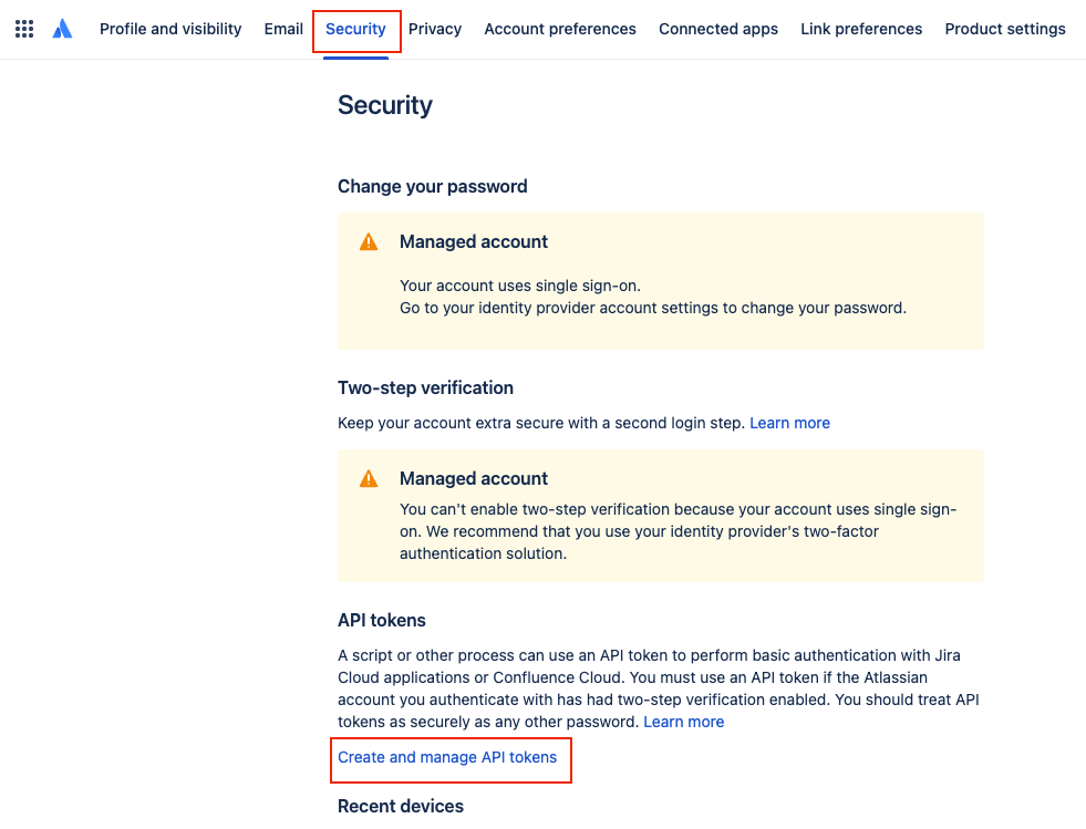 Select Security and select Create and manage API tokens