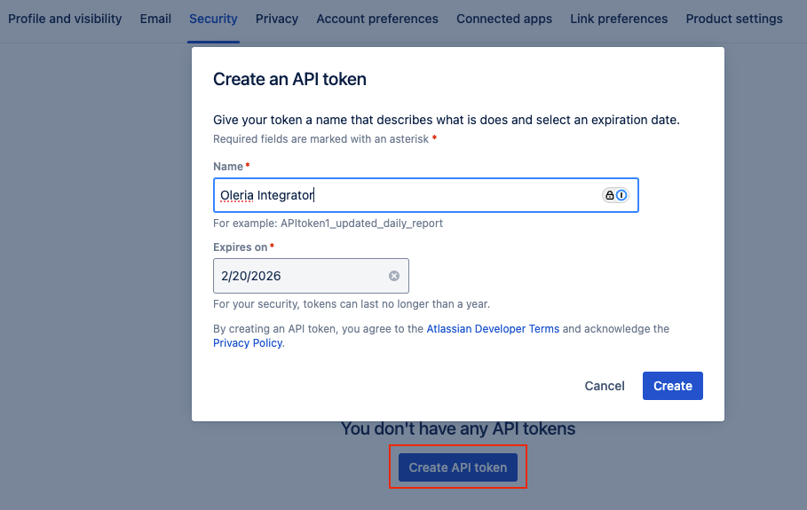 Jira API token creation form showing token name field and expiration date selector