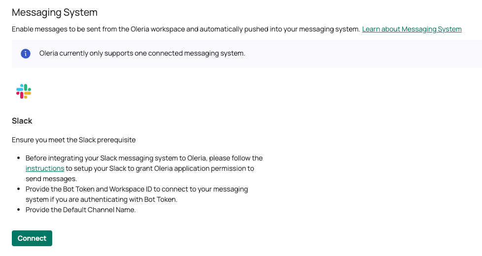 Messaging Systems page showing Slack with a Connect button