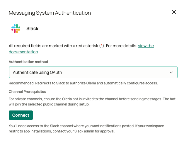 Slack OAuth authorization screen showing the permissions Oleria will receive and the default channel selector