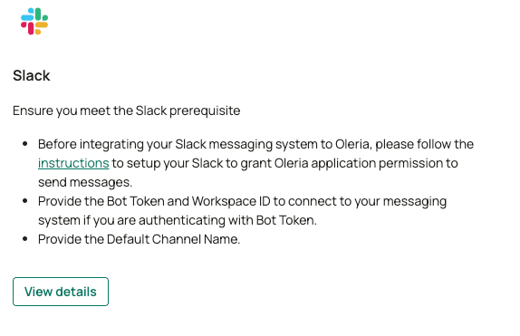 Messaging Systems page showing a connected Slack integration with active status