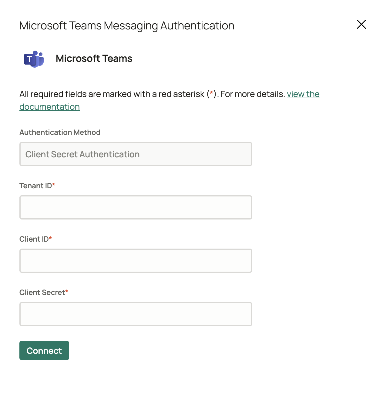 Enter the Tenant ID, Client ID, and Client Secret to authenticate Microsoft Teams