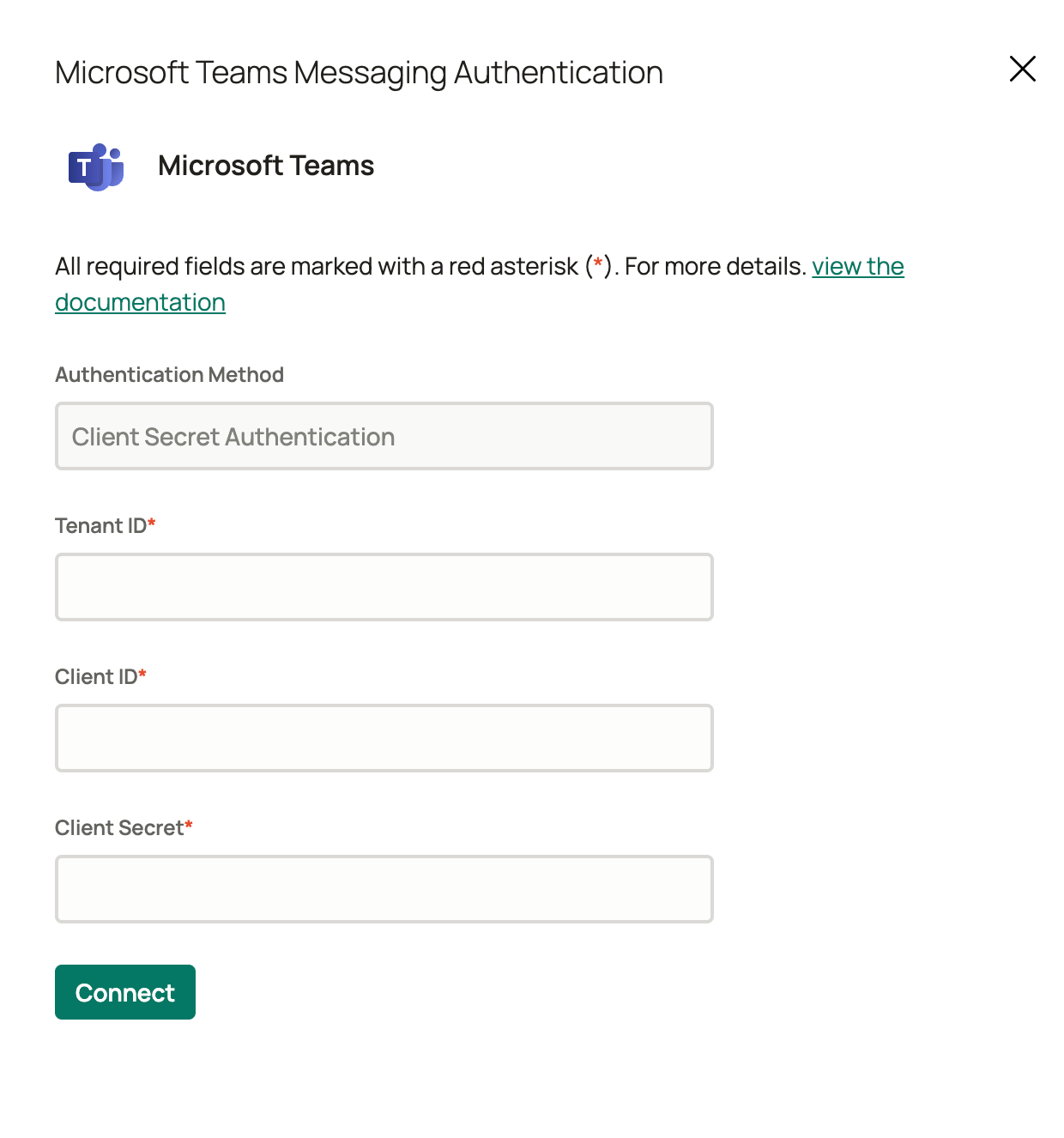 Enter the Tenant ID, Client ID, and Client Secret to authenticate Microsoft Teams