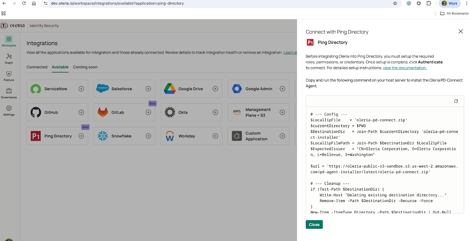Oleria workspace showing PowerShell installation script for Ping Directory agent