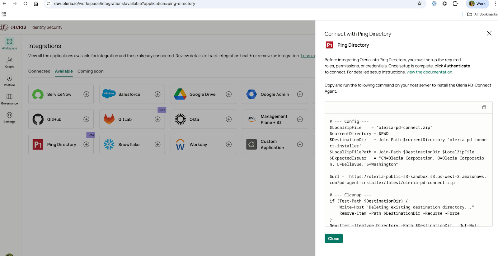 Oleria workspace showing PowerShell installation script for Ping Directory agent