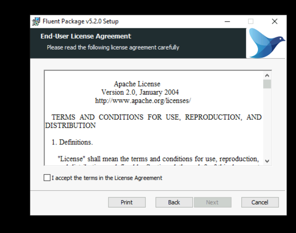 Accept the license terms and select Next