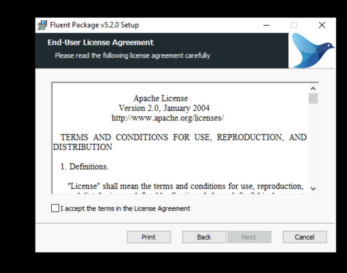 Accept the license terms and select Next
