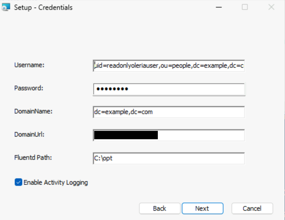 Oleria Ping Directory agent configuration with Activity Enabled checkbox