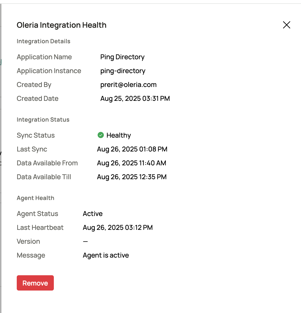 Log in to your workspace → connected integrations → Ping Directory → select View Details to open the side pane