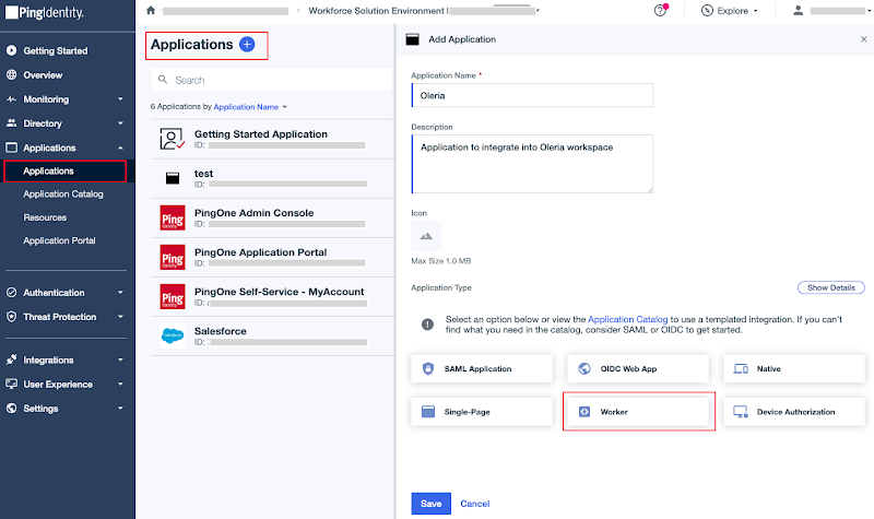 Enter the application name Oleria, select application type Worker, and click save.
