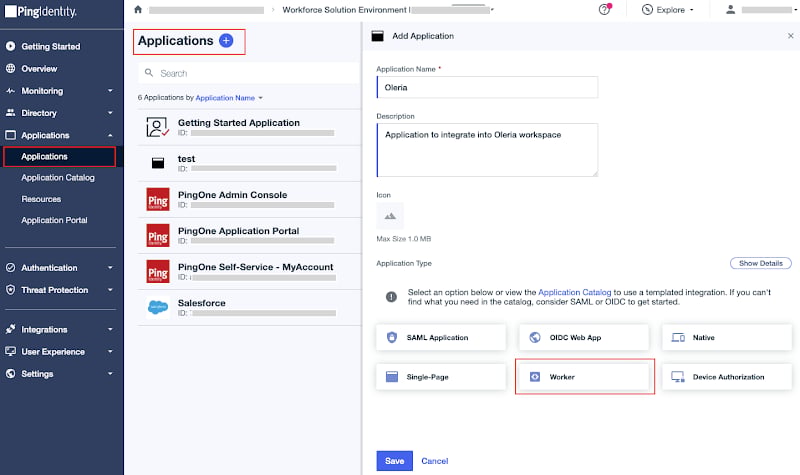Enter the application name Oleria, select application type Worker, and click save.
