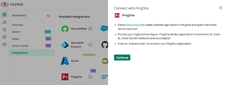 Oleria workspace Integrations panel for PingOne with region and credentials fields