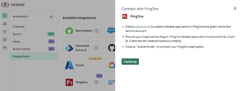Oleria workspace Integrations panel for PingOne with region and credentials fields