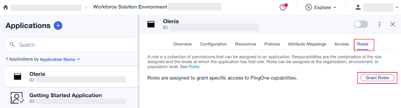 The newly created application opens and shows the Roles tab. Select Grant Roles