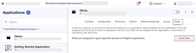 The newly created application opens and shows the Roles tab. Select Grant Roles
