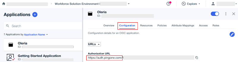 From the Oleria application configuration, expand URLs and note down the region as shown below