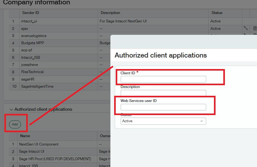 Sage Intacct Authorized Client Applications form with Web Services User ID field