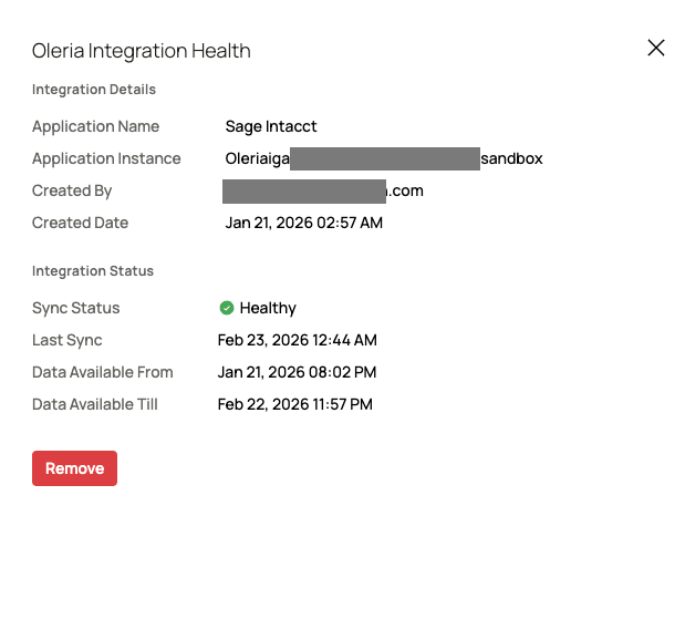 Verify the Sage Intacct integration status from the connected applications