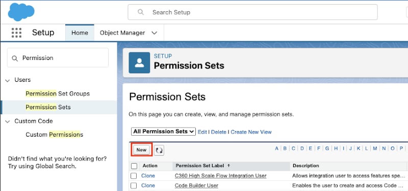 Navigate to Permission Sets and select New to create a new permission set "Oleria Access"