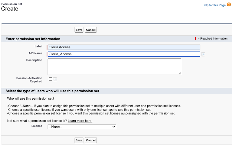 Give Label as "Oleria Access" and API Name as shown below, save the permission set.