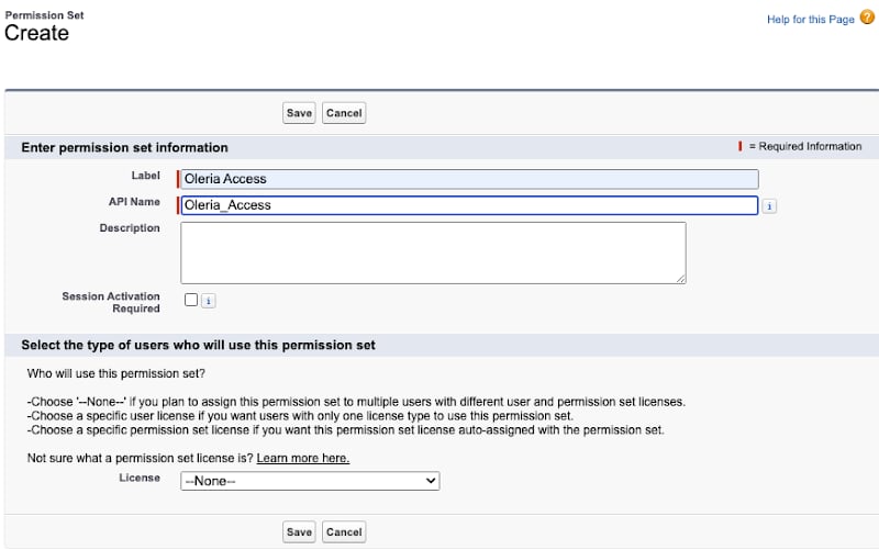 Give Label as "Oleria Access" and API Name as shown below, save the permission set.