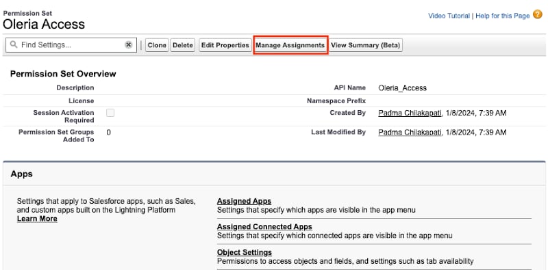 Open Oleria Access Permission set, select Manage Assignments to assign a user