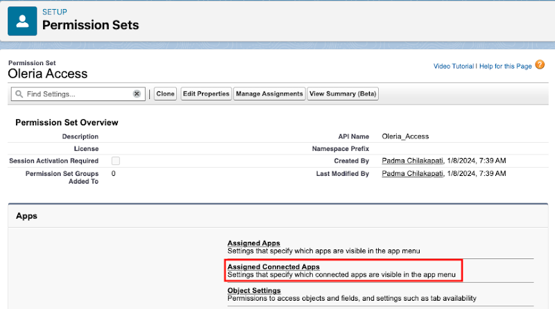 Oleria Access Permission set Assigned Connected Apps section