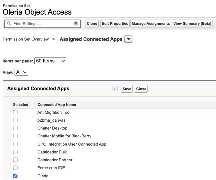 Select Edit in the Assigned Connected Apps section, select Oleria and click save.