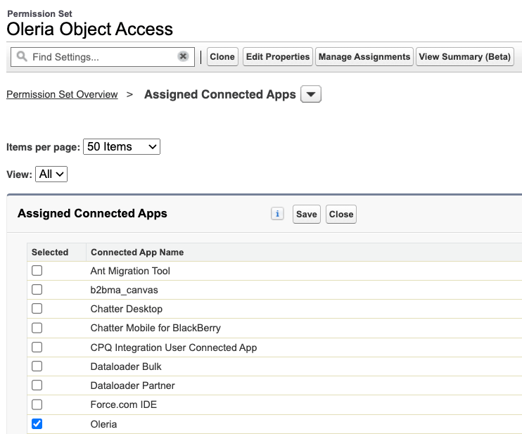 Select Edit in the Assigned Connected Apps section, select Oleria and click save.