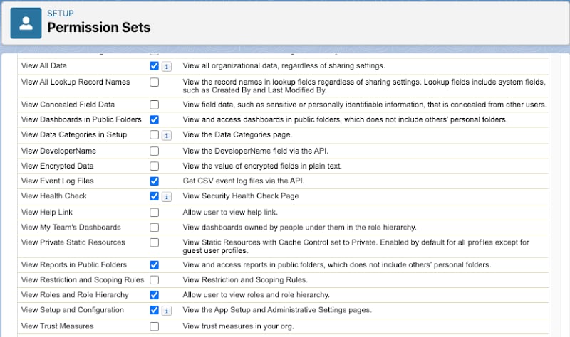 Salesforce System Permissions with View All Data and View Health Check selected