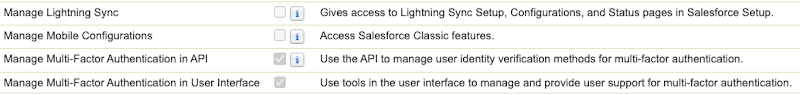 Salesforce System Permissions continued with MFA management permission selected