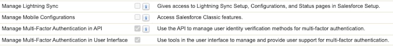 Salesforce System Permissions continued with MFA management permission selected