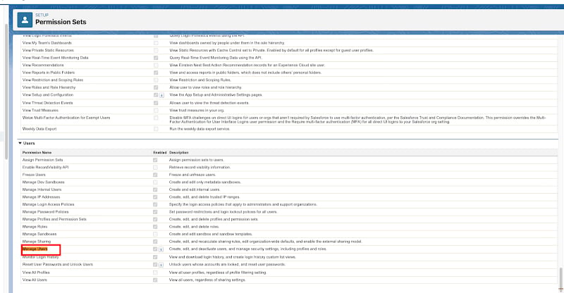 To 'disable account', enable Manage Users under permission sets