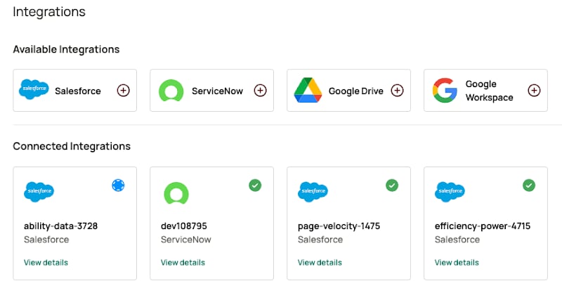You can find a newly integrated Salesforce instance in your Oleria workspace connected integrations