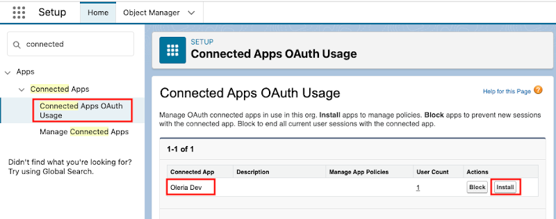 Salesforce Connected Apps OAuth Usage page with Oleria app and Install button