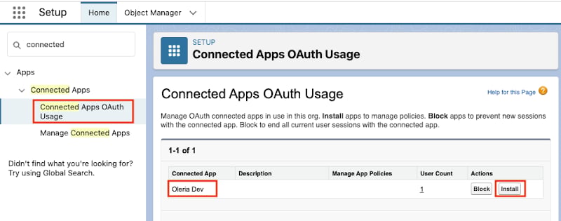 Salesforce Connected Apps OAuth Usage page with Oleria app and Install button