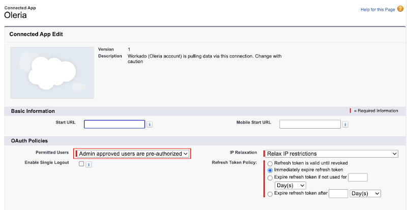 Salesforce OAuth Policies section with Permitted Users set to Admin approved users