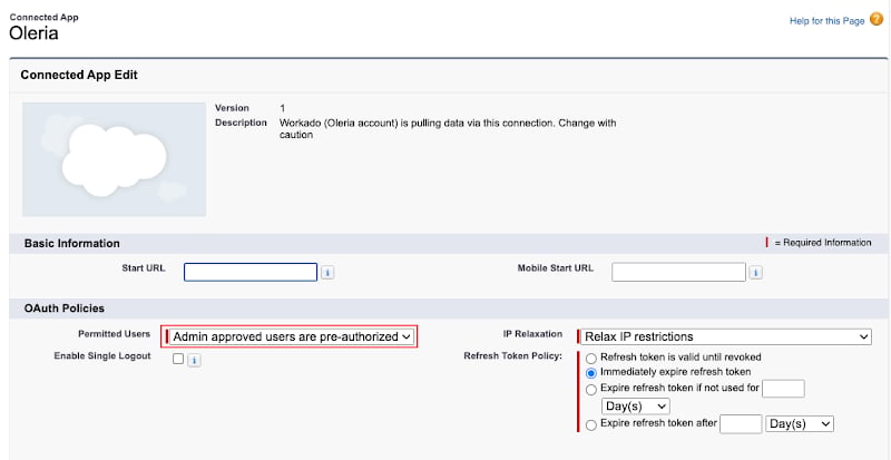 Salesforce OAuth Policies section with Permitted Users set to Admin approved users