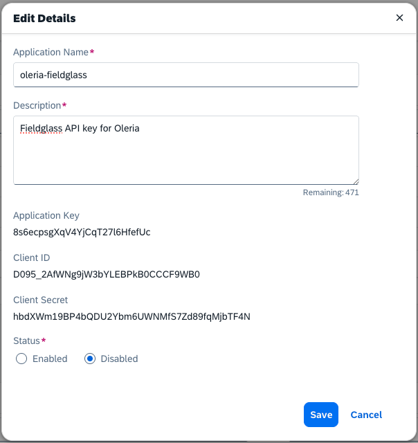 SAP Fieldglass API application key creation with generated credentials shown