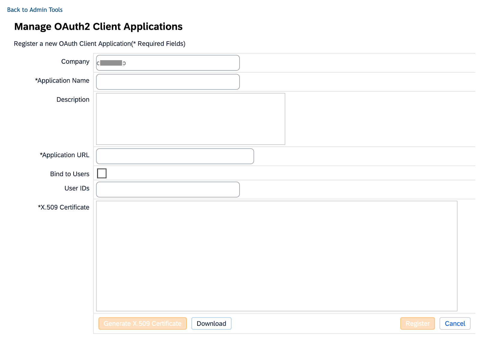 SAP SuccessFactors OAuth client application registration form