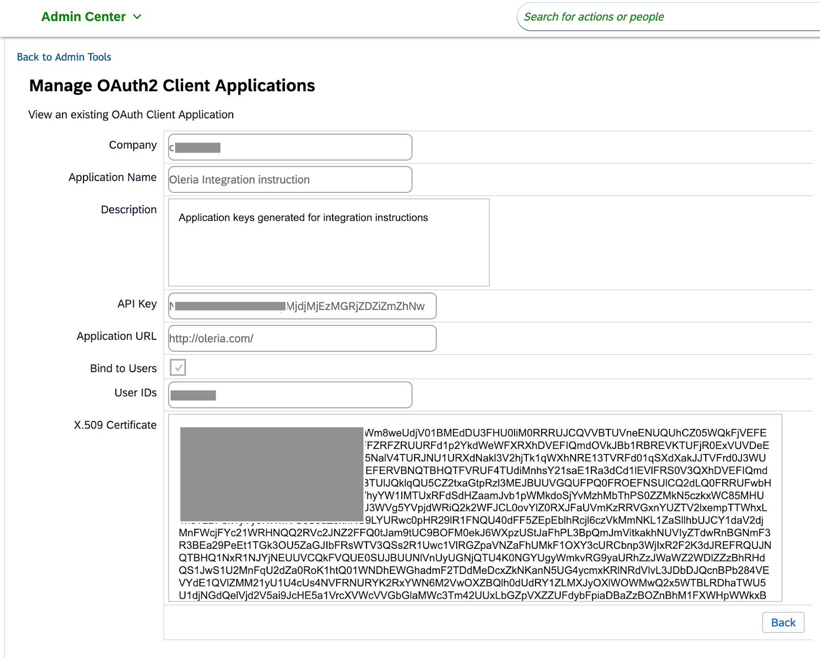 SAP SuccessFactors OAuth client registration form with API key highlighted